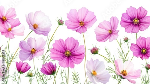 Wallpaper Mural Watercolor of pink cosmos flower isolated on white background,Collection cosmea flower and leaves,wildflowers seamless pattern,soft colorful blooming flower background. Torontodigital.ca