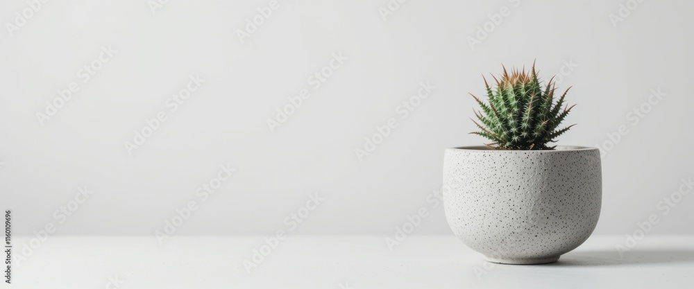 Simple green plant in a small gray pot, a clean and elegant studio image, perfect for minimalistic interior designs.