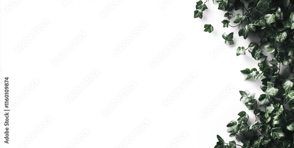 Lush green ivy leaves border on white background; copy space. Lush green ivy leaves border on white background; copy space.