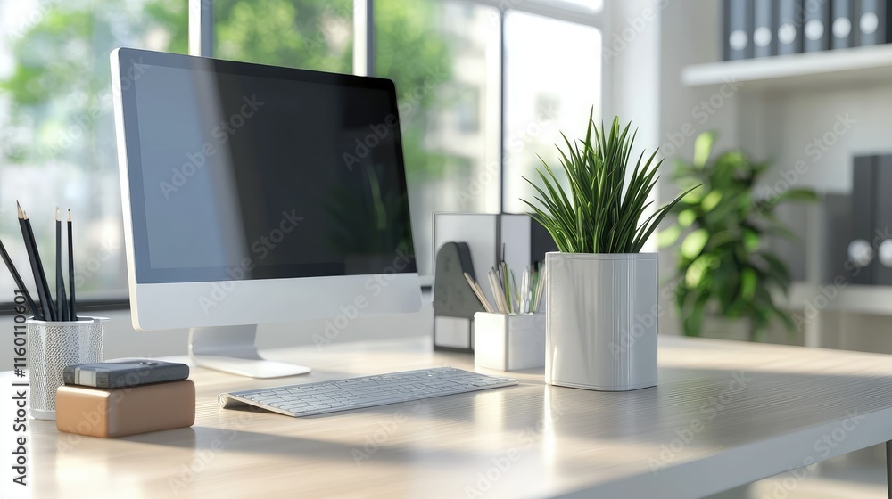 Modern Office Desk with Computer, Plant, and Minimalist Decor Modern Office Desk with Computer, Plant, and Minimalist Decor