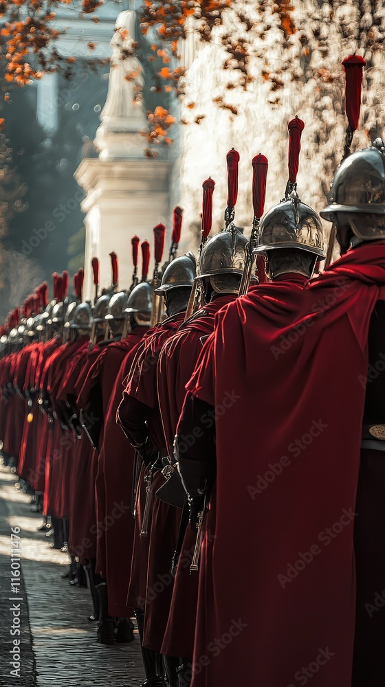 Traditional Guards in Red Capes Standing in Line at Historical Site Traditional Guards in Red Capes Standing in Line at Historical Site