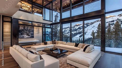 Luxury Mountain Home Living Room: Breathtaking Winter Views from Big Sky AI Generated photo