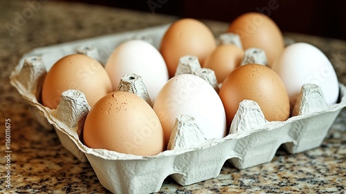 Eggs in an egg carton on the kitchen counter, close-up view of eggs in white and brown colors, natural lighting. 