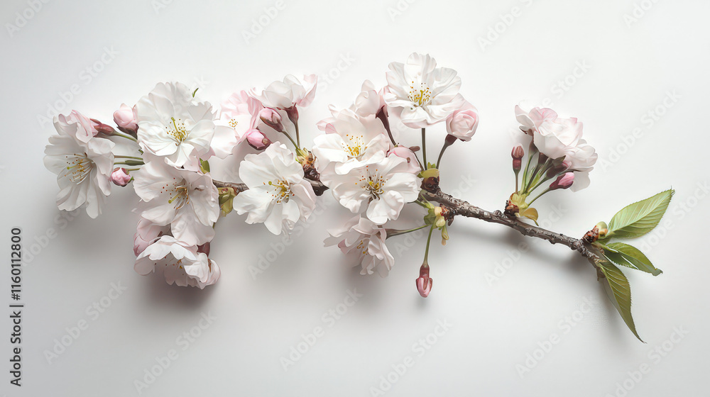 Vibrant cherry blossoms with intricate pink petals and a touch of greenery bloom along a slender branch, creating a serene composition on a clean white background.
Vibrant cherry blossoms with intricate pink petals and a touch of greenery bloom along a slender branch, creating a serene composition on a clean white background.