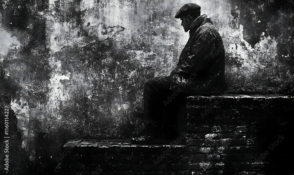 Obraz premium A solitary figure sits on steps against a textured wall, evoking themes of reflection and solitude.