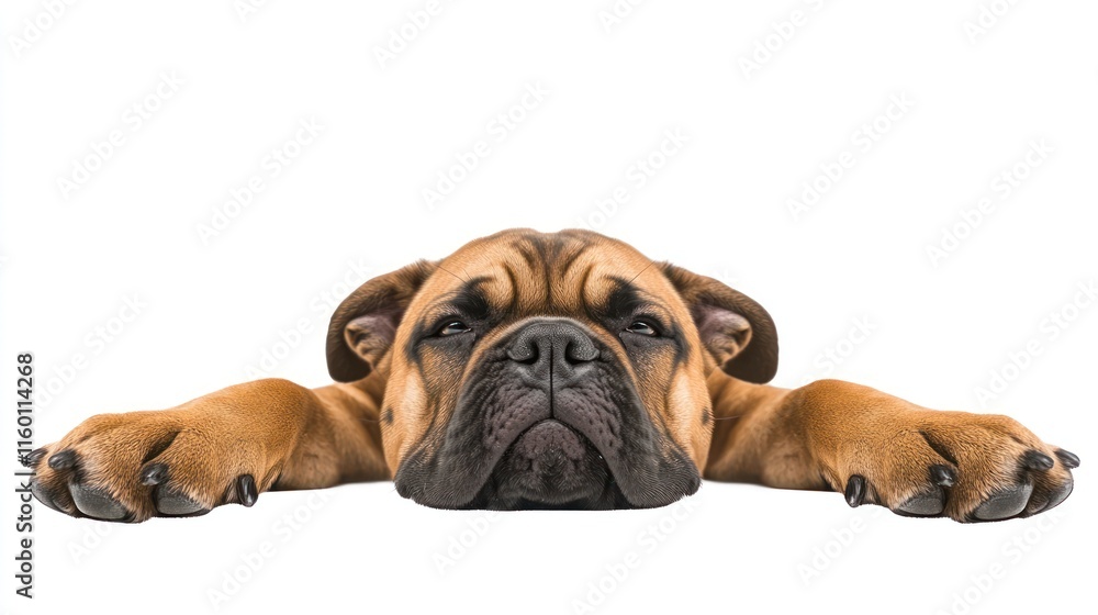 Adorable brown puppy lying down with paws outstretched against a white background. Adorable brown puppy lying down with paws outstretched against a white background.