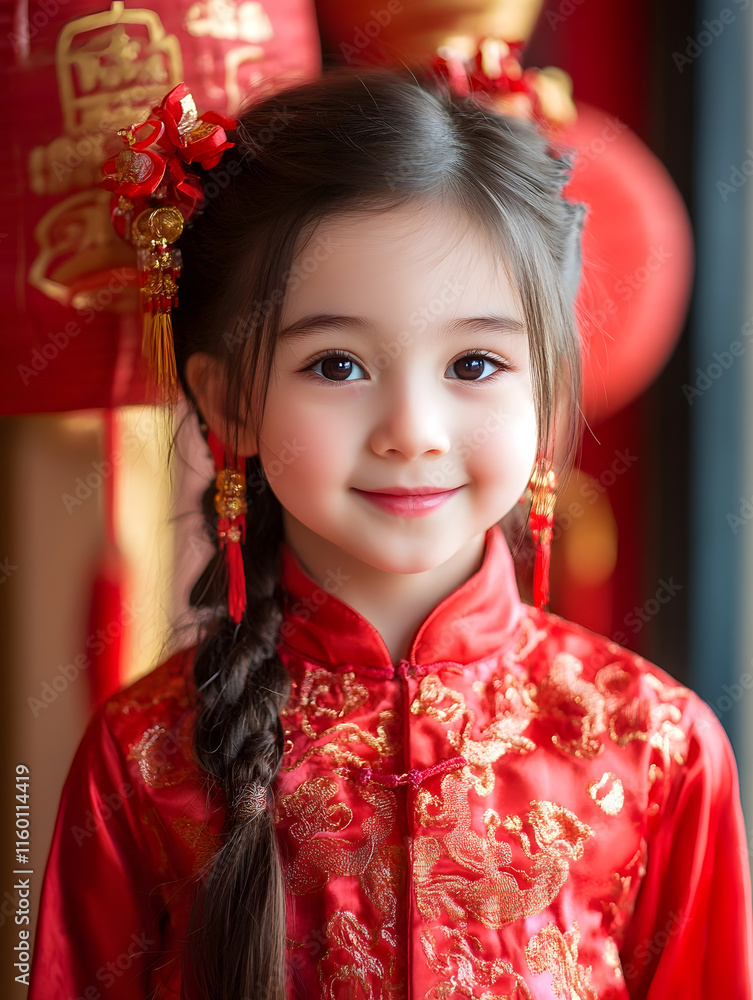 Adorable Girl in Traditional Chinese Dress Smiling with Festive Decorations : Generative AI Adorable Girl in Traditional Chinese Dress Smiling with Festive Decorations : Generative AI