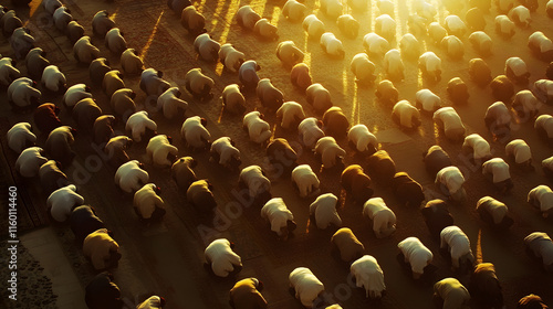 Aerial View of Devout Crowd Bowing in Prayer at Sunset Ceremony : Generative AI photo