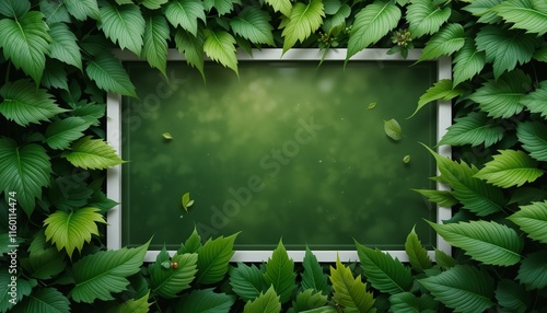 Lush green leaves frame a blank chalkboard, perfect for text or image. photo