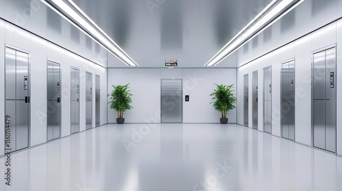 Minimalist safe deposit box area with sleek metallic lockers  keycard access  and bright overhead lighting  minimalist deposit room  modern  clean design