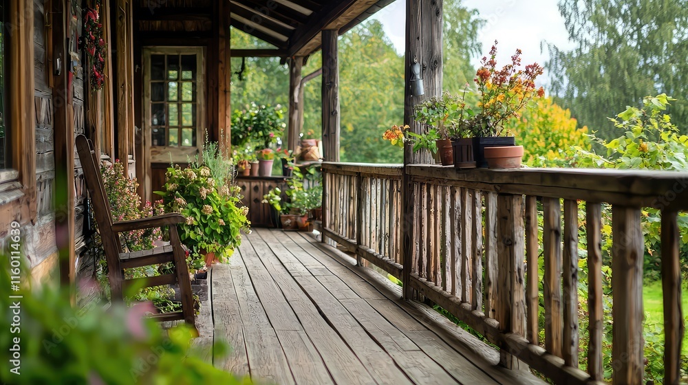 Cozy Wooden Porch Surrounded by Lush Greenery and Flower Pots Cozy Wooden Porch Surrounded by Lush Greenery and Flower Pots