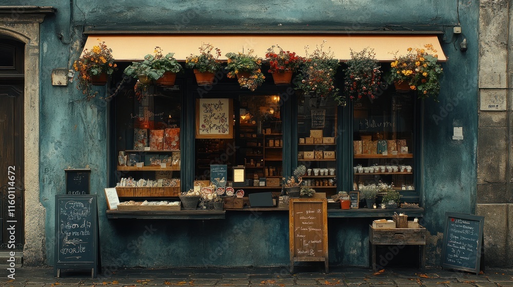 A charming storefront adorned with flowers, showcasing various goods and inviting customers. A charming storefront adorned with flowers, showcasing various goods and inviting customers.