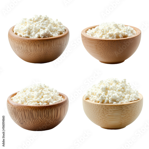 Four wooden bowls with cottage cheese isolated on a transparent background from different views. photo