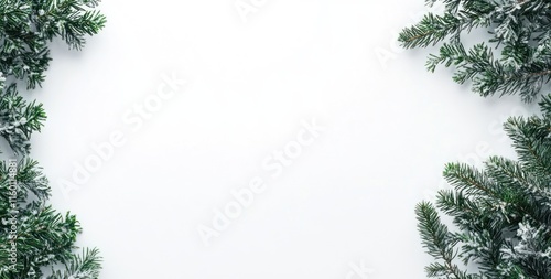 Snowy fir branches frame on white background. (1)