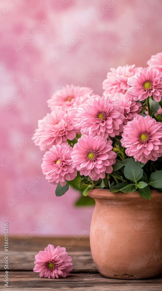 A beautiful bouquet of pink chrysanthemums in a rustic pot, set against a soft, blurred pink background. A beautiful bouquet of pink chrysanthemums in a rustic pot, set against a soft, blurred pink background.