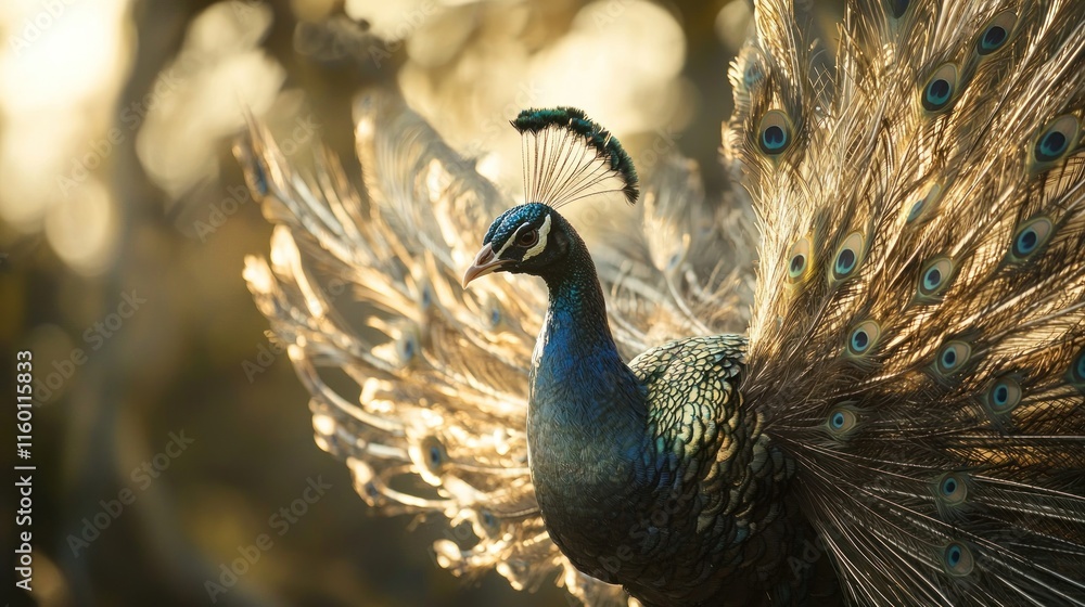 Majestic peacock displaying vibrant plumage in golden sunlight. Majestic peacock displaying vibrant plumage in golden sunlight.