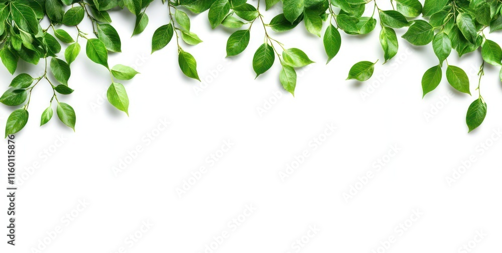 Lush green leaves border on white background; top and side view. Lush green leaves border on white background; top and side view.