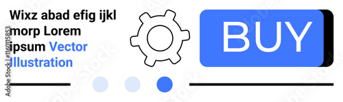 Blue BUY button, gear icon, placeholder text, three loading dots, and horizontal lines. Ideal for UI design, web development, e-commerce, call to action, simplicity, minimalism, user interface