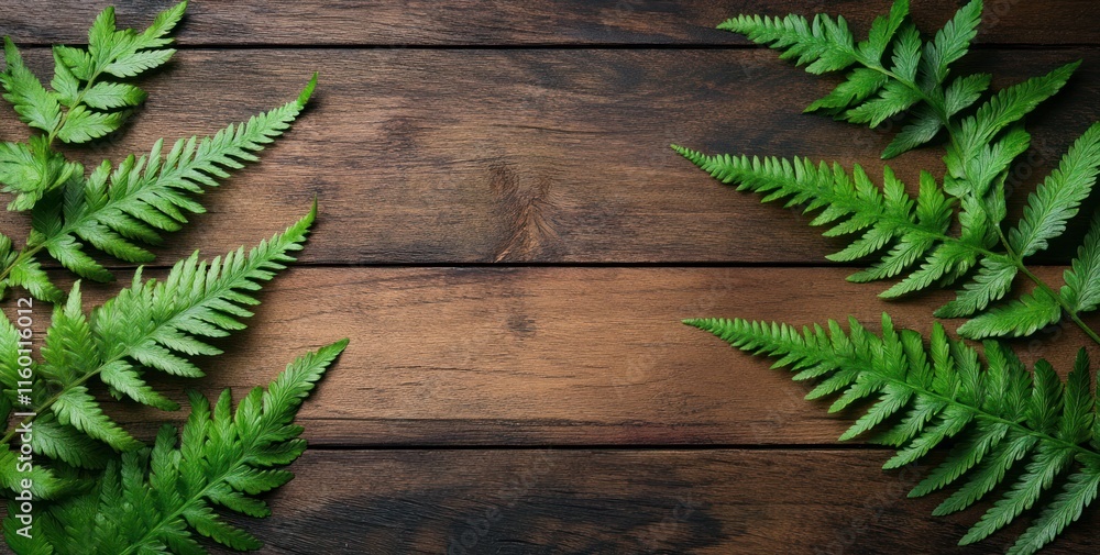 Lush green ferns arranged on dark brown wooden planks, creating a natural frame. (1) Lush green ferns arranged on dark brown wooden planks, creating a natural frame. (1)