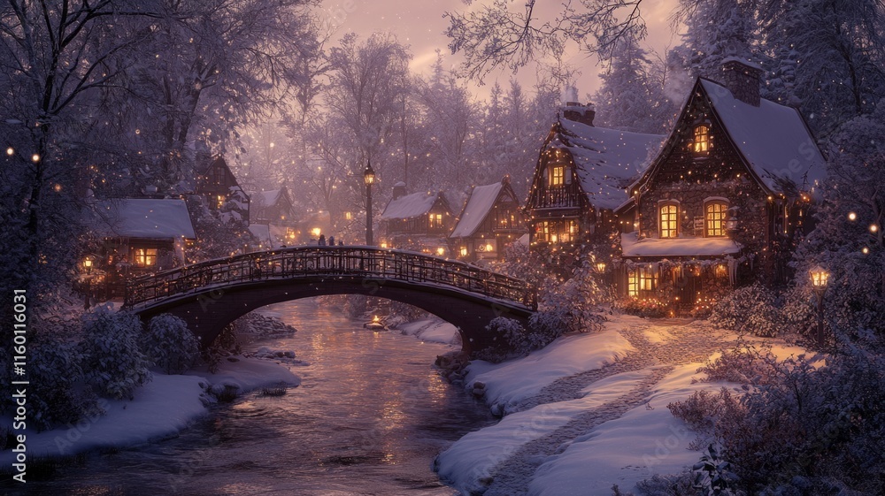 Fototapeta premium Enchanting Winter Village Bridge Scenic Snowscape