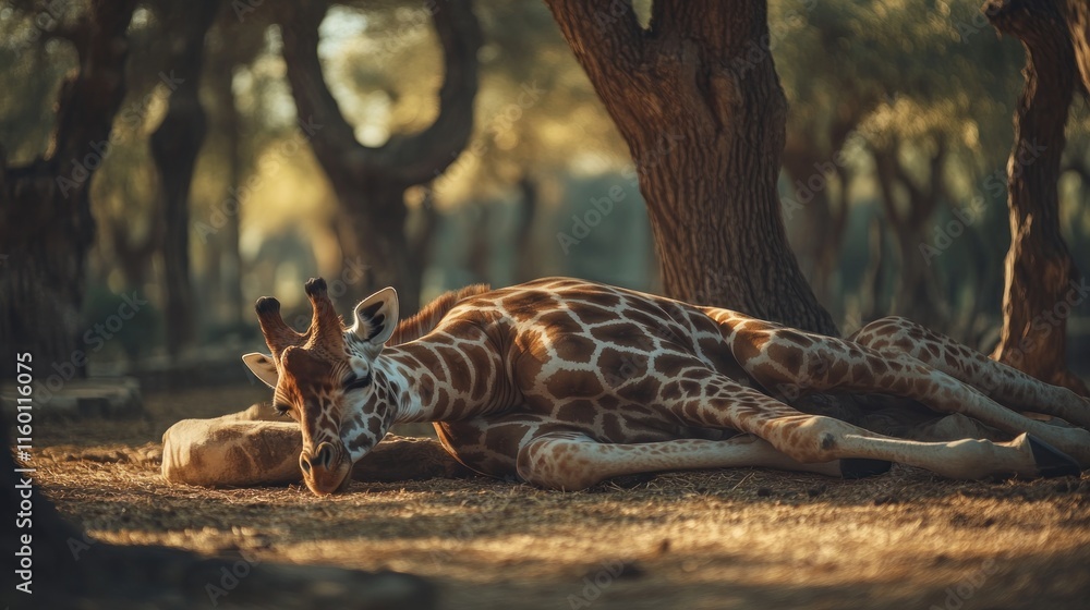 A giraffe rests peacefully in the shade of olive trees. A giraffe rests peacefully in the shade of olive trees.
