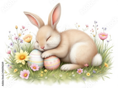 Sweet watercolor illustration of a bunny sleeping, ideal for gentle, spring, Easter or cute themed designs. photo