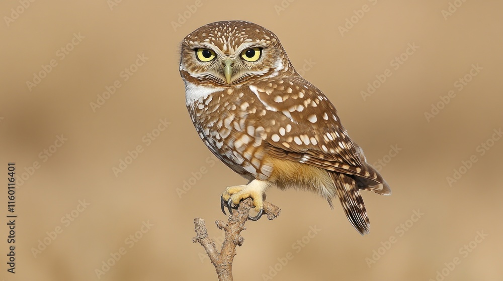 Burrowing owl perched on a branch, facing forward, against a blurred tan background. Burrowing owl perched on a branch, facing forward, against a blurred tan background.