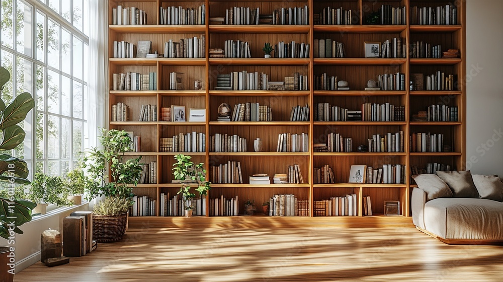 Bookcase with neatly organized books in a stylish, modern home interior, generated with AI to give a clean and aesthetic atmosphere, perfect for interior design visuals. Bookcase with neatly organized books in a stylish, modern home interior, generated with AI to give a clean and aesthetic atmosphere, perfect for interior design visuals.
