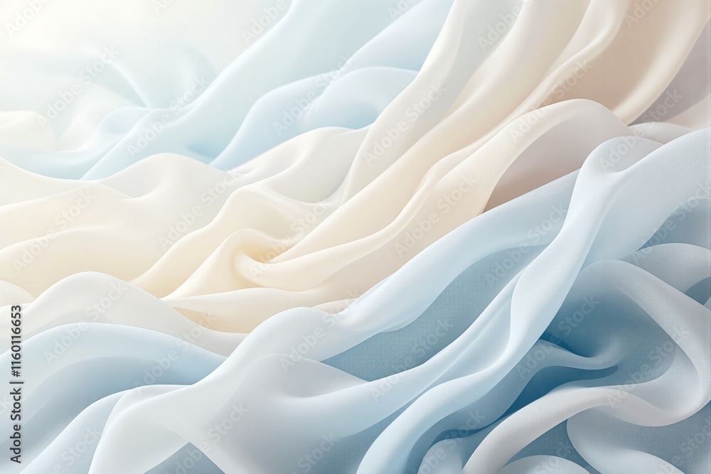 Fototapeta premium Soft flowing fabric in pastel cream and blue tones, delicate texture, blurred background, concept of elegance, minimalism, and luxury. Ai generative