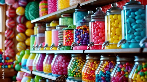 A vibrant candy shop filled with colorful jars of sweets