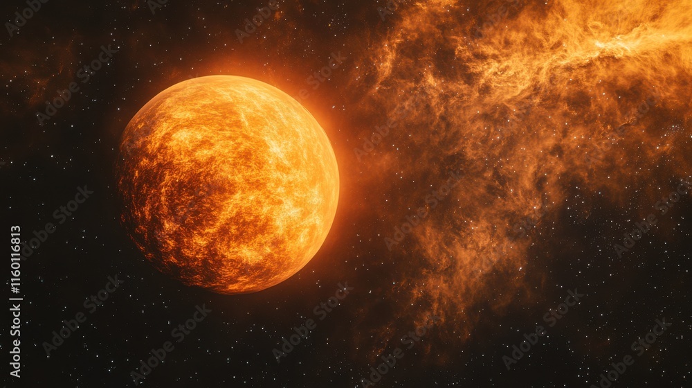 Obraz premium Burnt orange planet with a thick atmosphere, glowing softly against a deep black starry backdrop, distant nebulas visible in the distance, space, celestial, atmospheric, surreal