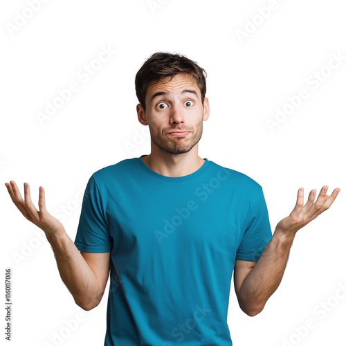 A young man in a blue T-shirt shrugs his shoulders and looks confused against a gray background, with space for text or design.