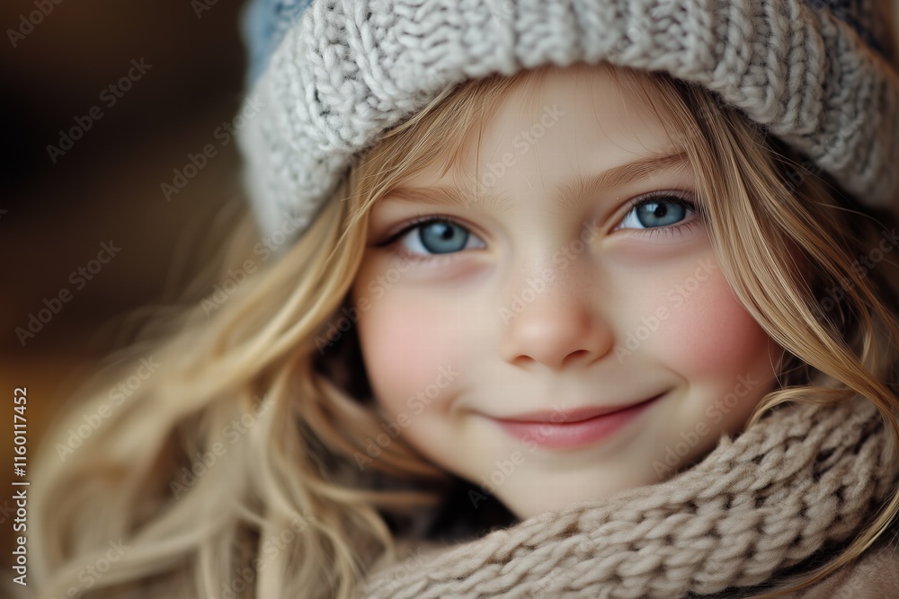 A close-up portrait of a young girl with long, wavy blonde hair, wearing a cozy knitted hat and a scarf. She has bright blue eyes and a warm smile, exuding a cheerful and innocent vibe. A close-up portrait of a young girl with long, wavy blonde hair, wearing a cozy knitted hat and a scarf. She has bright blue eyes and a warm smile, exuding a cheerful and innocent vibe.