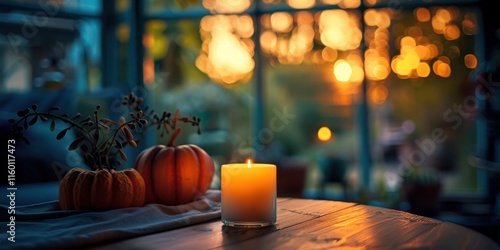 Candlelit Fall Evening with blurred cozy room background, copy space, cinematic photo