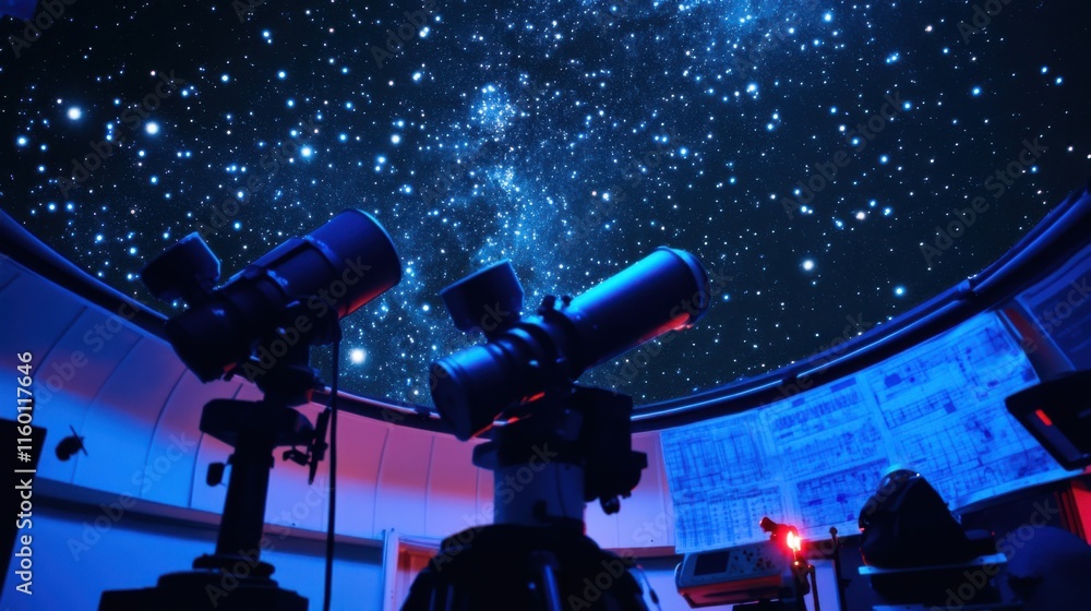 An organized astronomy observatory with telescopes and star charts, Observatory equipment arranged for celestial observation, Natural photo of An organized astronomy observatory with telescopes and star charts, Observatory equipment arranged for celestial observation, Natural photo of