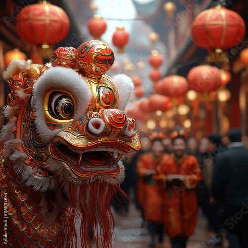 [Lions head golden statue in Chinese marketplace] Lion's Head Statue Amidst Vibrant Lanterns at Traditional Chinese Market photo