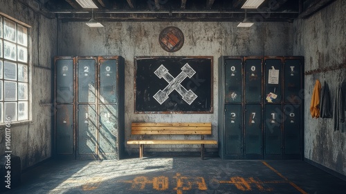 open view, sports locker room, long wide back wall, very spacious wide, old metal lockers, wooden bench seat, clipboard on the seat, dark concrete floor, black chalkboard with X and O coaching pattern