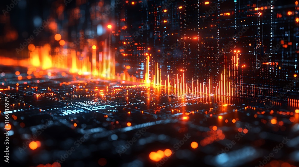 Fototapeta premium Abstract Digital Landscape With Glowing Orange And Blue Lights