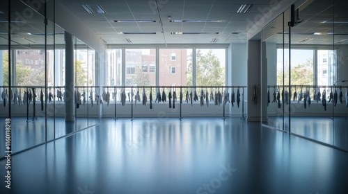 An organized dance studio with ballet barres and mirrored walls  Dance shoes and costumes set up for practice  Natural photo of
