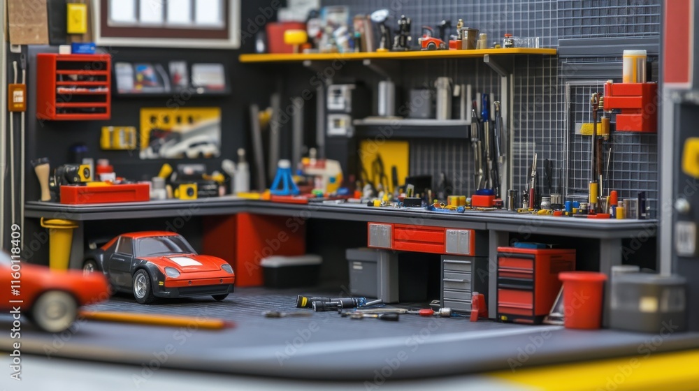 Fototapeta premium An organized garage model car building station, Kits, tools