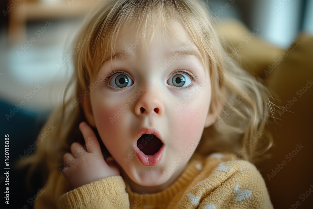 A surprised young child with wide eyes and an open mouth, expressing astonishment. The child has blonde hair and is wearing a cozy yellow sweater. The background is softly blurred. A surprised young child with wide eyes and an open mouth, expressing astonishment. The child has blonde hair and is wearing a cozy yellow sweater. The background is softly blurred.