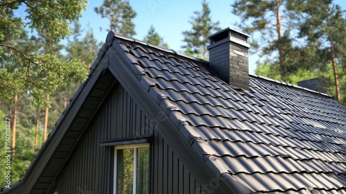 A close-up of a modern house roof with a chimney, surrounded by tree.