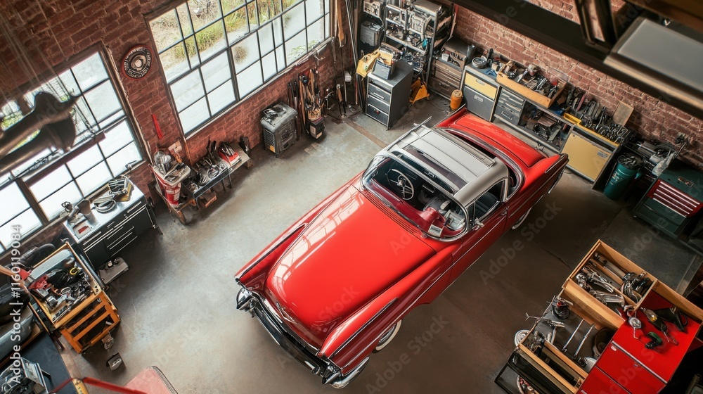 Obraz premium An organized home automotive workshop with car parts and repair tools, Tool chests, vehicle components