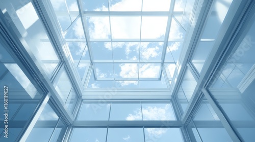 A modern glass ceiling showcasing a bright sky and clouds  emphasizing transparency and light.