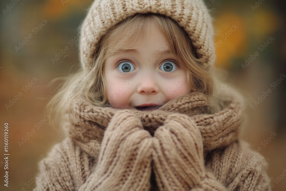 A young child with big blue eyes, wearing a cozy knitted sweater and hat, stands outdoors in autumn. The background features warm fall colors, creating a cheerful atmosphere. A young child with big blue eyes, wearing a cozy knitted sweater and hat, stands outdoors in autumn. The background features warm fall colors, creating a cheerful atmosphere.