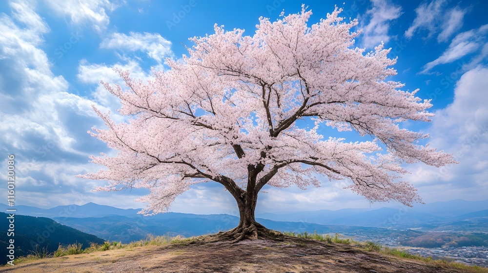 A magnificent and beautiful cherry blossom tree standing alone, with a beautiful view A magnificent and beautiful cherry blossom tree standing alone, with a beautiful view