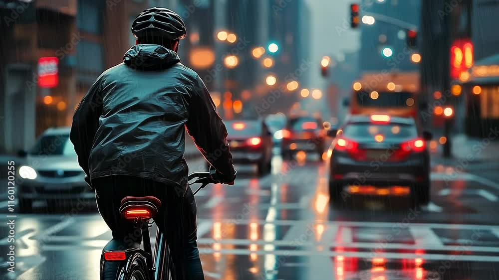 A young man riding a bicycle in the city on a rainy day, wearing a jacket and helmet, seen from the back. The scene includes street lights, cars, and people walking, A young man riding a bicycle in the city on a rainy day, wearing a jacket and helmet, seen from the back. The scene includes street lights, cars, and people walking,