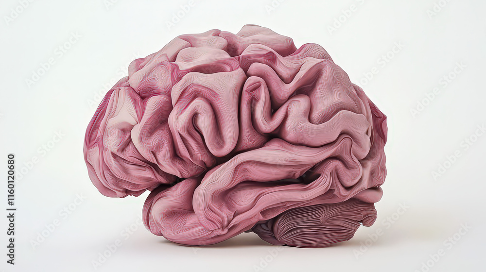 Obraz premium A highly detailed, realistic representation of a human brain, showcasing its intricate folds and textures. The brain is depicted in a three-dimensional view, with a soft, natural pink color.