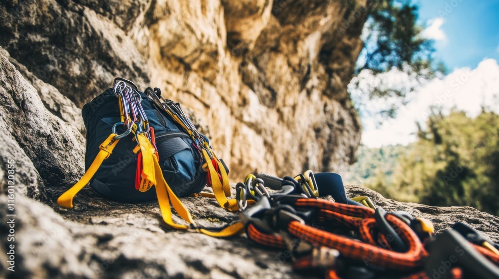 An organized rock climbing site amidst rugged cliffs, Climbing equipment set up for action, Natural photo of An organized rock climbing site amidst rugged cliffs, Climbing equipment set up for action, Natural photo of