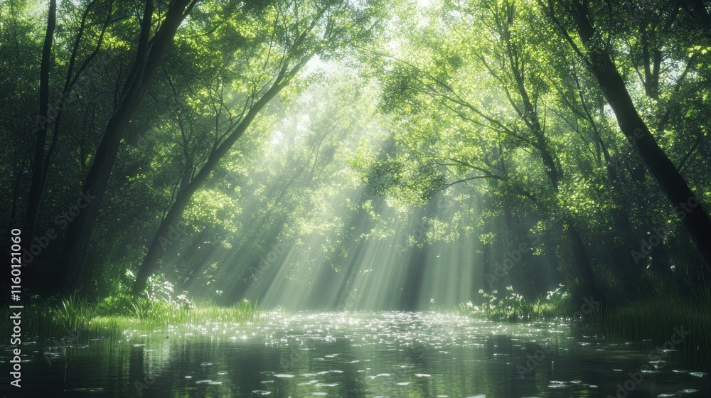 Sunbeams Illuminating a Serene Forest Stream Sunbeams Illuminating a Serene Forest Stream
